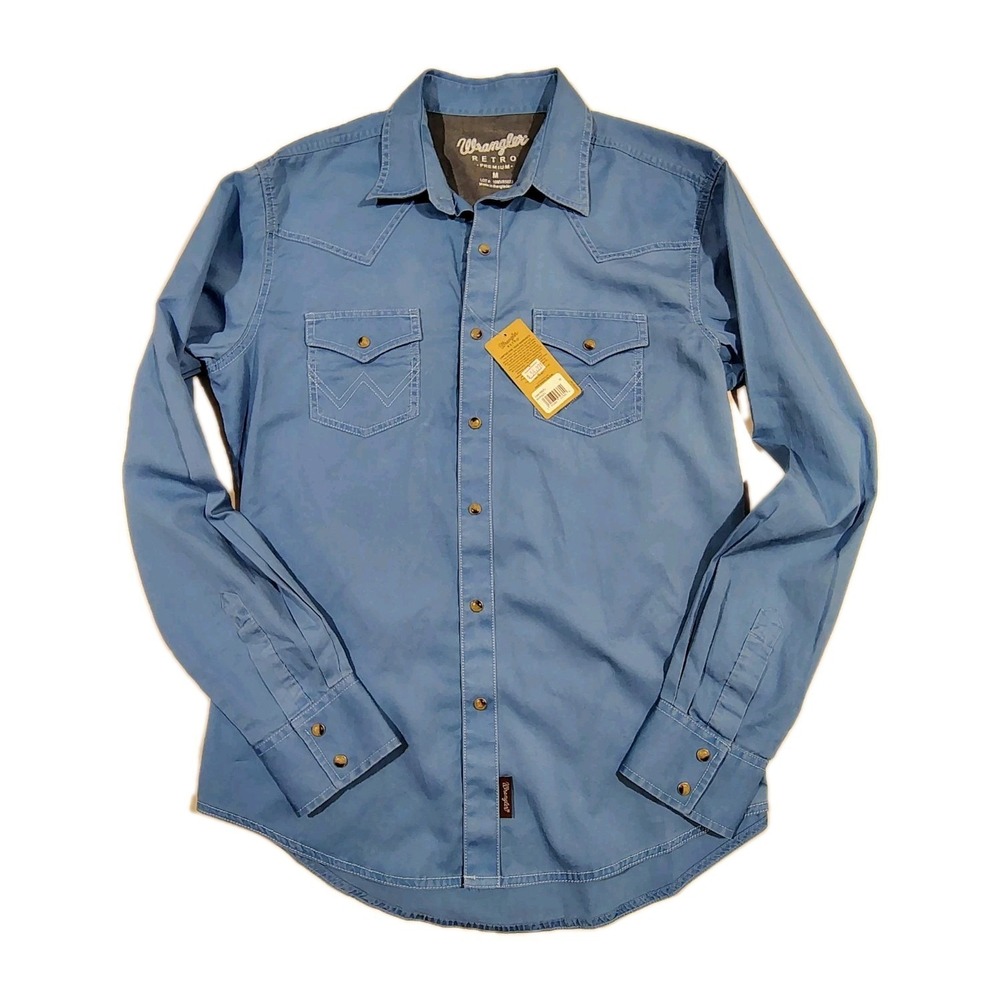 Wrangler Retro Premium Pearl Snap Shirt Blue Mens Medium Workwear Western Ranch